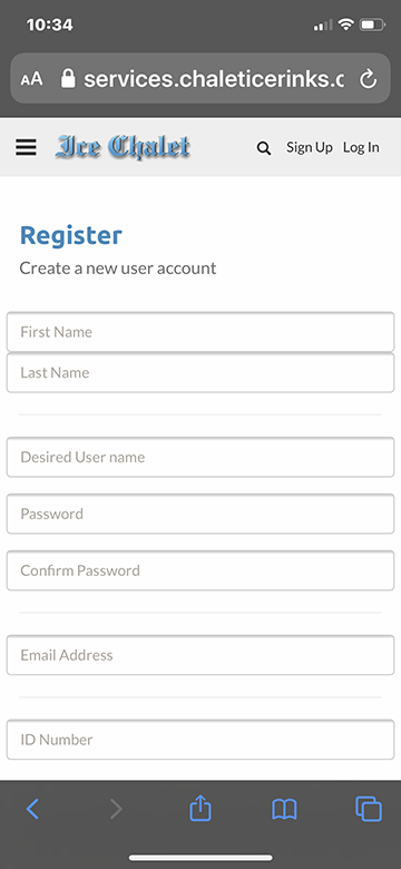 Account registration screen