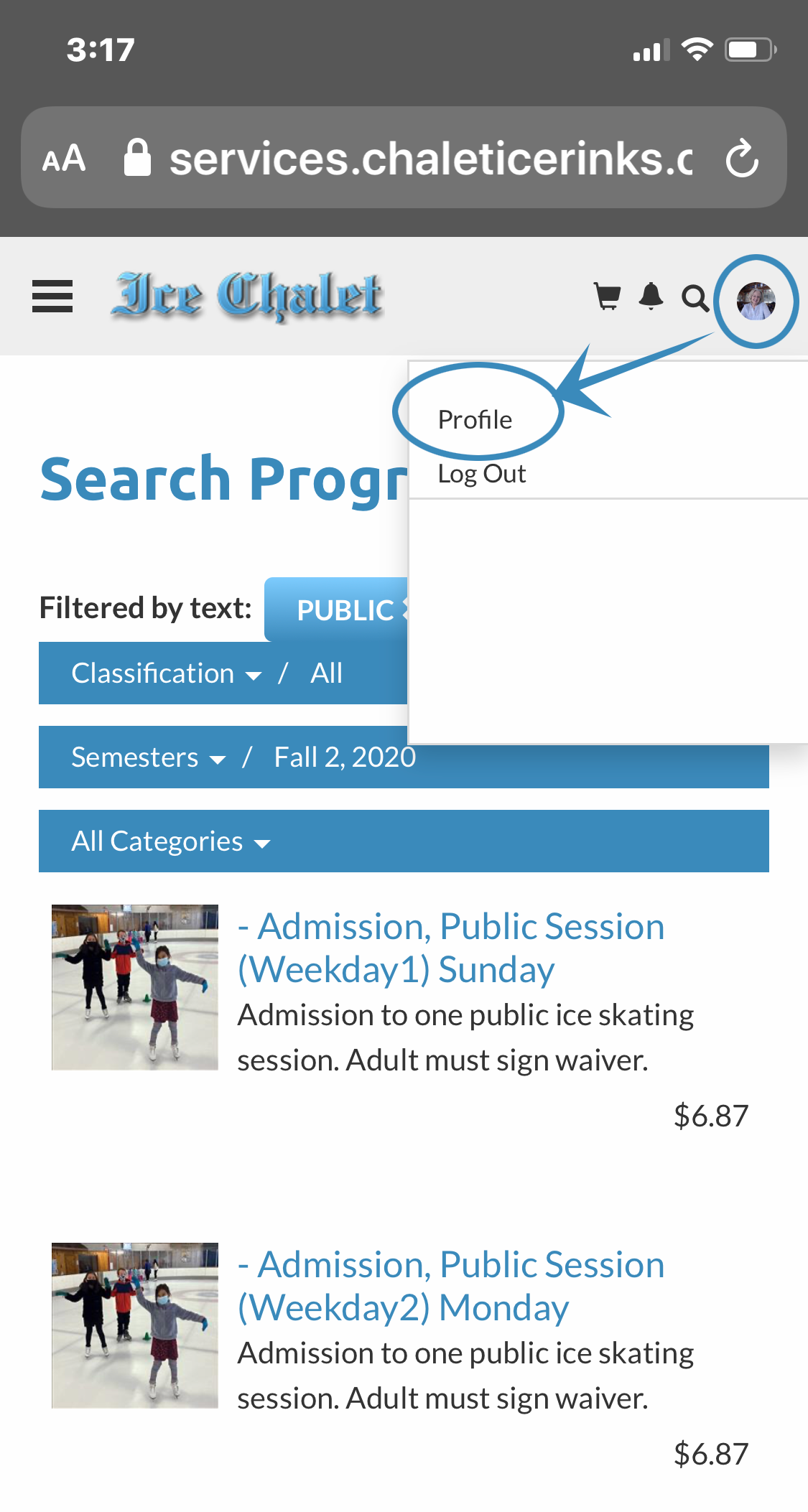 Profile menu screenshot